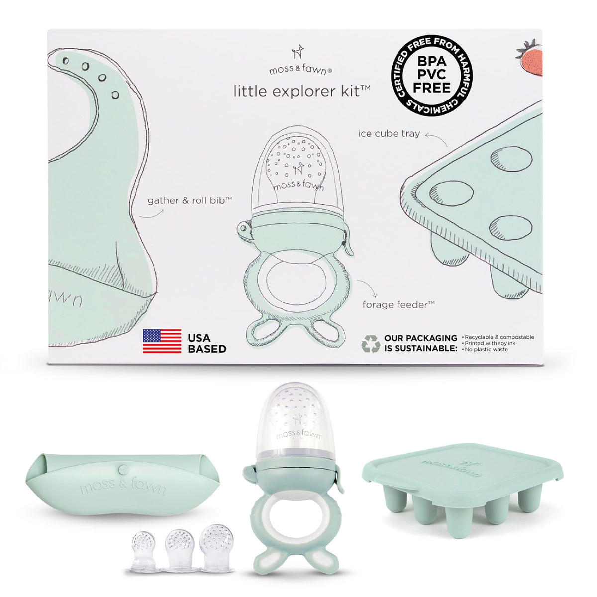 Moss and Fawn Little Explorer Kit - Teething Pacifier & Bib - Fern