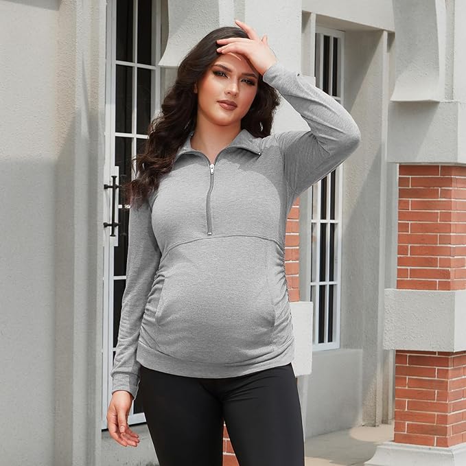 GINKANA Maternity Women's Long Sleeve Shirt Half Zipper Lapel Lightweight Casual Maternity Pullover with Pockets