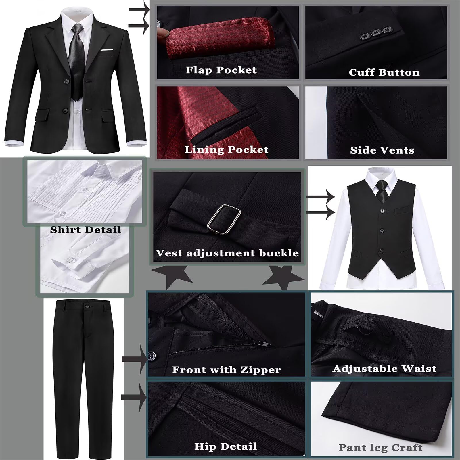 Boys Suit Slim Fit Outfit Suits Kids 6 Piece Jacket Vest Pants Black 20