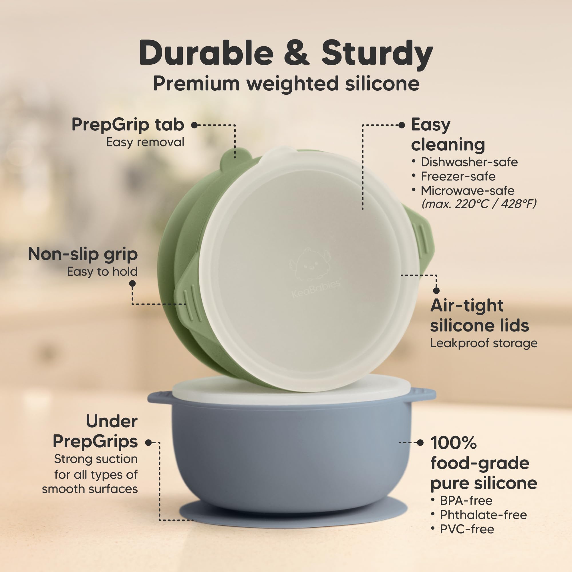 KeaBabies 2-Pack Baby Bowls with Suctions, Lids, BPA-Free Silicone (Slate)