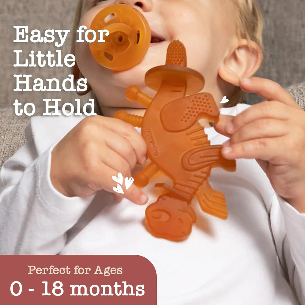 Bambeado Dibly Baby Teething Toy - Made with Natural Rubber & Amber Elements - Gentle Support, Easy to Hold, Simple to Clean - Cute Dinosaur Teether Toy - Alternative to Amber Teething Necklace