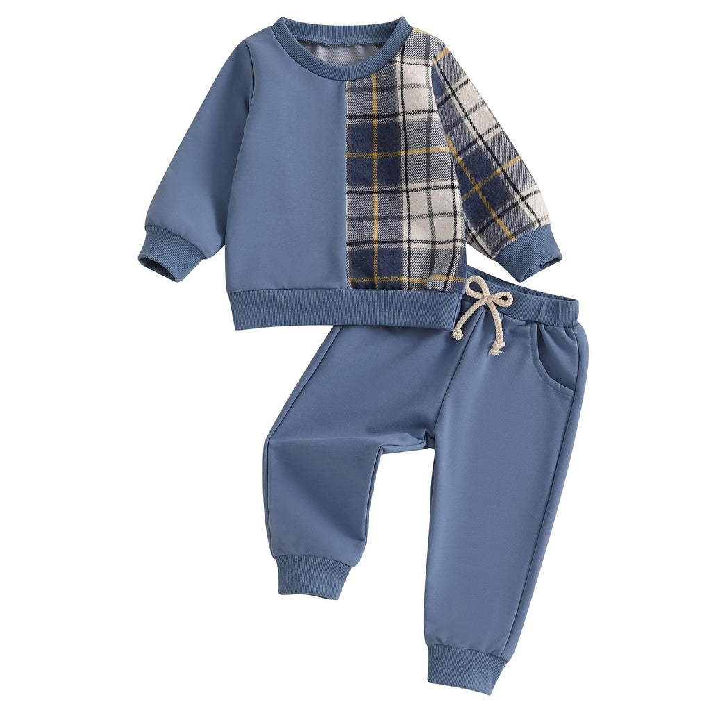 Lucikamy Toddler Baby Boy Fall Outfits Long Sleeve Crew Neck Pullover Sweatshirt + Jogger Pants Set Infant Winter Clothes (Blue-P, 6-12 Months)