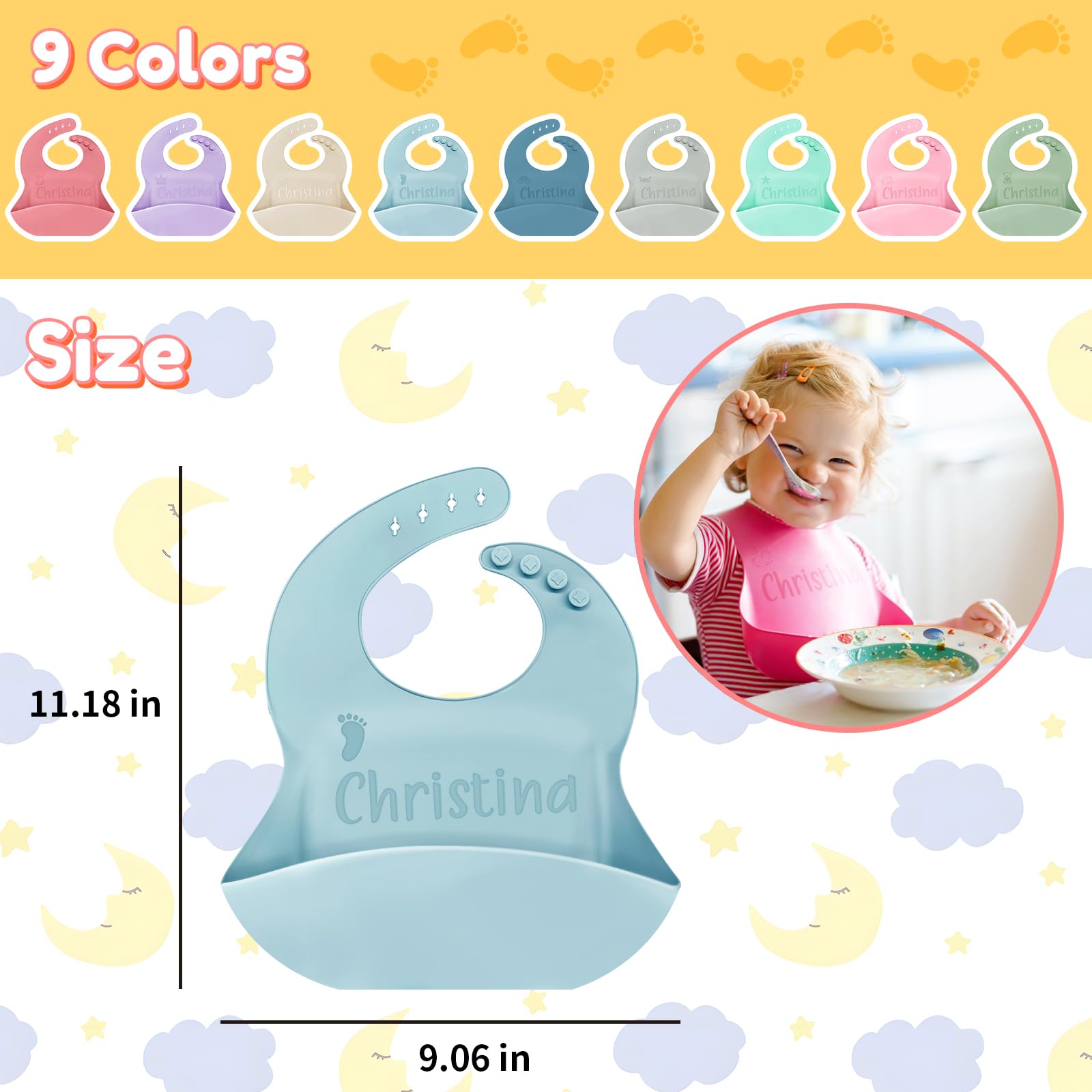 SRdrew Personalized Silicone Bibs Bowl Spoon and Fork Set Custom Engraved Name Icon Toddler Bibs Durable Adjustable for Baby Boy & Girl