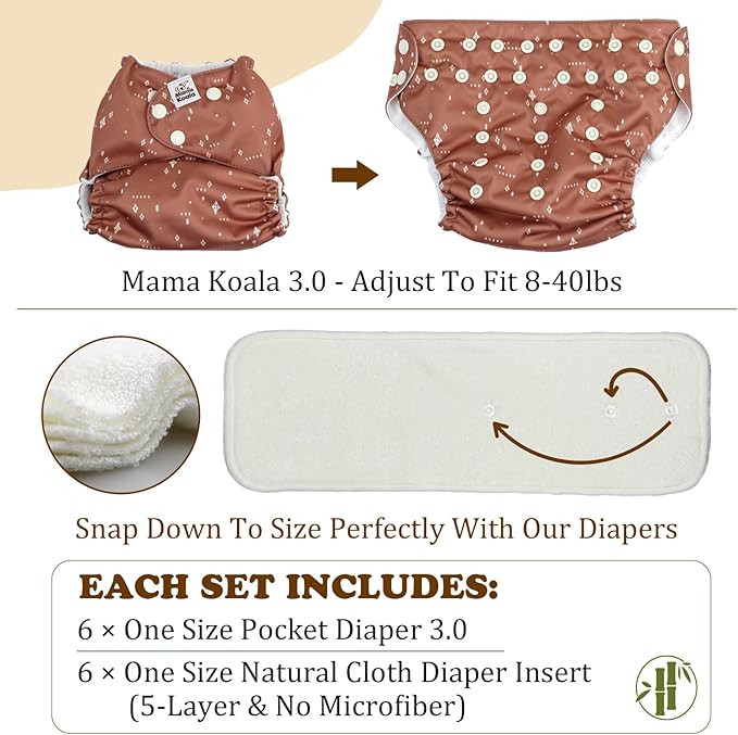 Mama Koala 3.0 Cloth Diapers for Babies with AWJ Lining, 6 Pack with 6 5-Layer Natural Cloth Diaper Inserts - Reusable and Washable Pocket Diapers(A-Spring Sprouts)