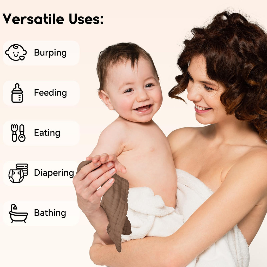 Unnivoll Muslin Burp Cloths Baby 12''X12'', Baby Washcloths 6 Pack, 100% Cotton Baby Wash Cloths Absorbent and Soft for Newborn Infants Kids Boys Girls - Gradient Brown
