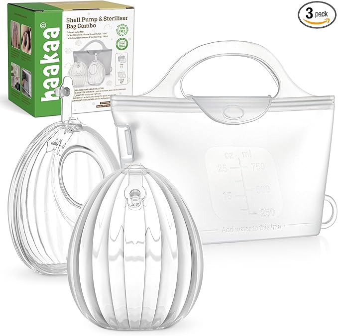 haakaa Wearable Silicone Breast Pump with Steriliser Bag, 2-in-1 Hands-Free Passive Breast Milk Catcher for Nursing Mom, Breastfeeding Essentials, 2-Pack 75ml Pumps & 1 Steriliser Bag, Frosted