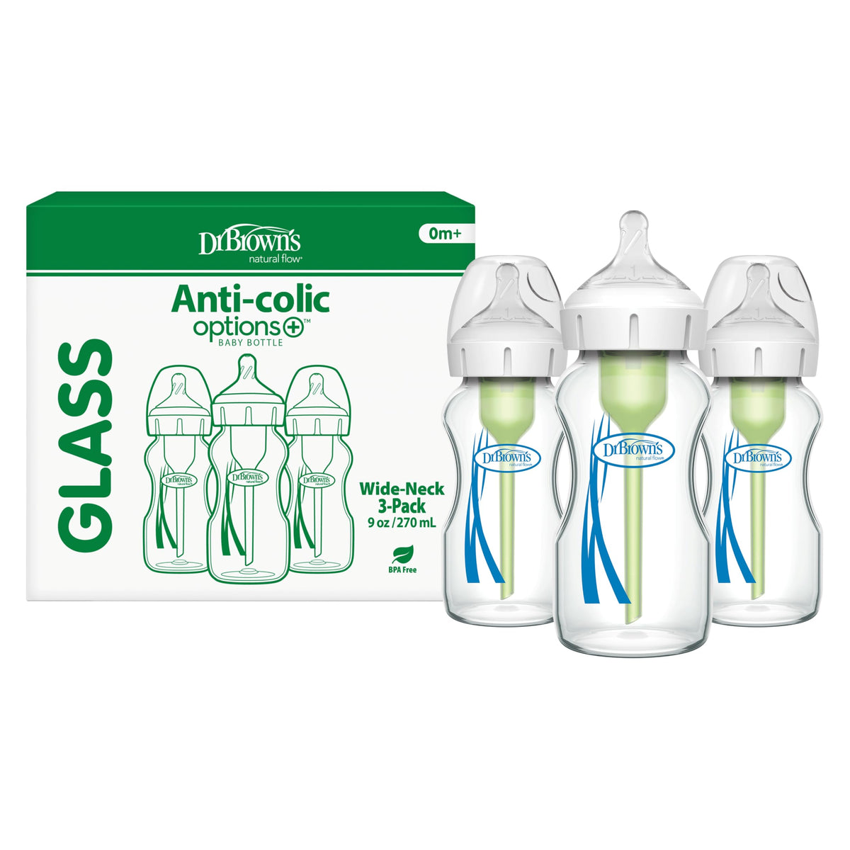 Dr. Brown's Anti-Colic Options+ Wide-Neck Glass Baby Bottle, 9 oz, 3-Pack