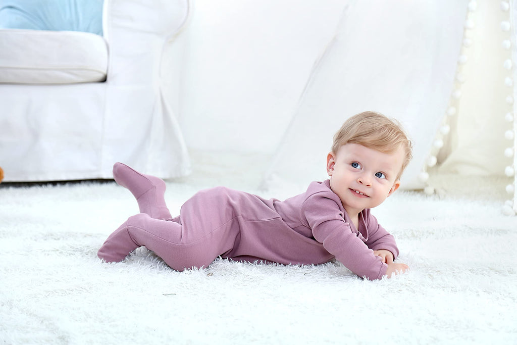 O2 BABY Baby Boys Girls Organic Cotton Zip Front Sleeper Pajamas, Footed Sleep 'n Play（0-3 Months, Mauve）