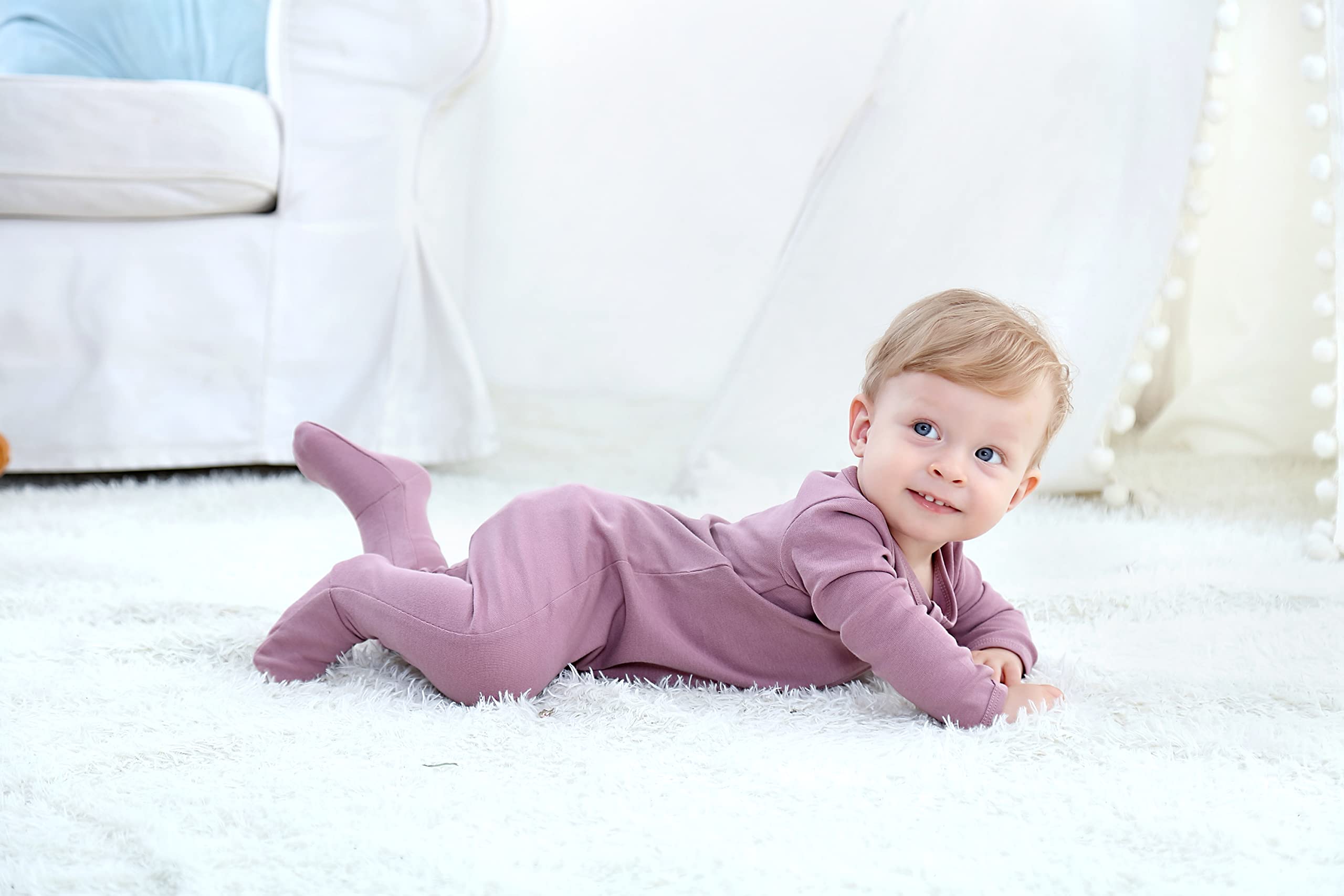O2 BABY Baby Boys Girls Organic Cotton Zip Front Sleeper Pajamas, Footed Sleep 'n Play（0-3 Months, Mauve）