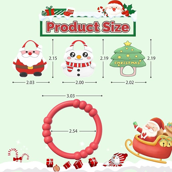 Christmas Baby Teething Ring with 3pcs Teether-Soft Santa Claus, Snowman & Tree, Textured Silicone Teether for 0-12months, Baby Sensory Chew Bracelet for Baby’s First Christmas