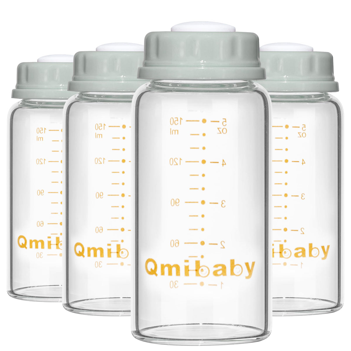 Qmibaby Baby Bottles,Wide Neck BPA Free Breast Milk Container 8oz Screw Ring Sealing Disk Re-markable Sealing Disc Fits Breast Pumps & Nipples Fits Breast Pumps & Nipples(2 Gray Lids+2 Pink Lids)