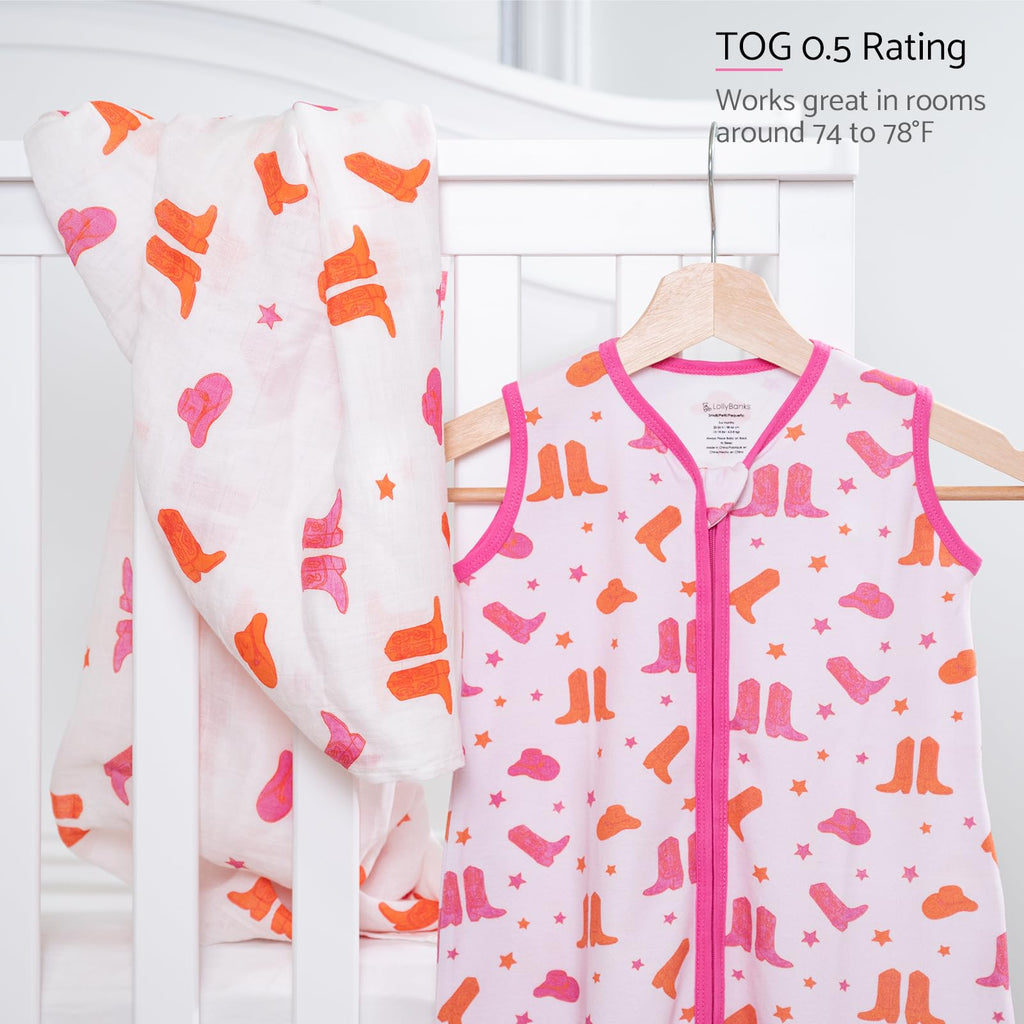 LollyBanks Baby Sleep Sack 12-18 Months for Girls, 100% Cotton Newborn Swaddle Sack with 2-Way Zipper, Soft and Airy Toddler Sleeping Bag, Newborn Essentials (Pink Boot Print)