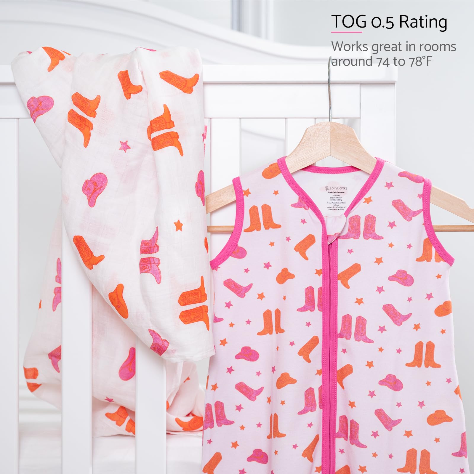 LollyBanks Baby Sleep Sack 12-18 Months for Girls, 100% Cotton Newborn Swaddle Sack with 2-Way Zipper, Soft and Airy Toddler Sleeping Bag, Newborn Essentials (Pink Boot Print)