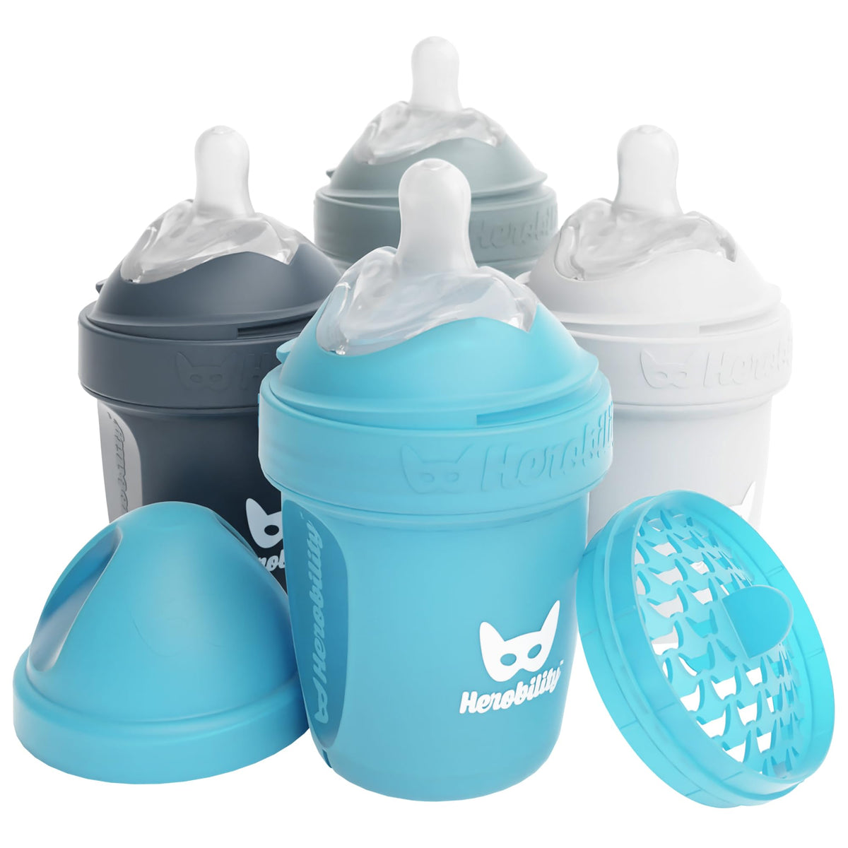 Herobility Anti-Colic Baby Bottles 8.5 fl oz/240ml - Pack of 4 Plastic Baby Bottles, Slow Flow Plastic Bottles, Breast-Shaped Teat for Breastfed Babies, – Multicolor - White, Gray, Iron Blue, Blue