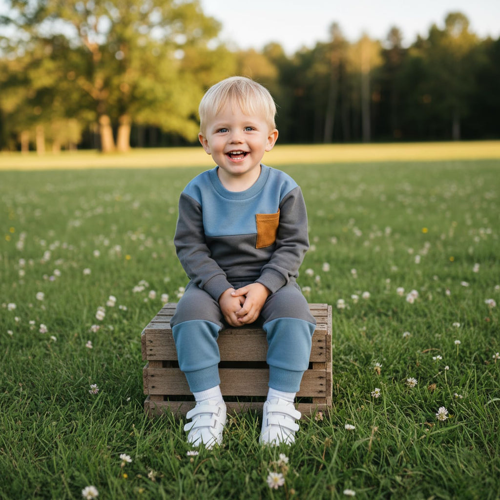 Kupretty Toddler Baby Boy Color Block Sweatshirt Pants Blue Dark Gray 18M