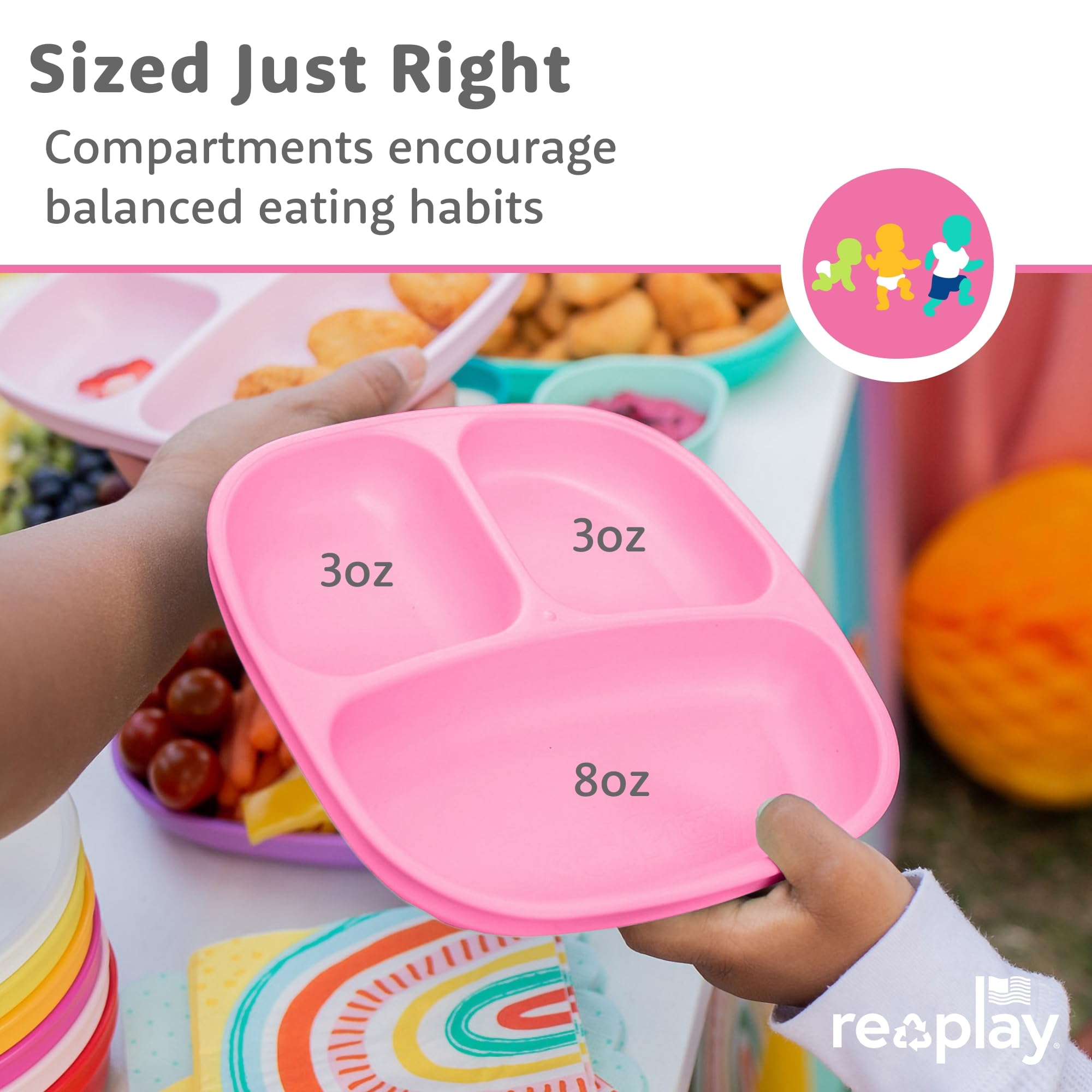 Re-Play Divided Toddler Plates Set of 4 - Deep-Walled 3 Compartment Kids Plates for Picky Eaters - Dishwasher & Microwave Safe - BPA-Free - Made in USA, Princess