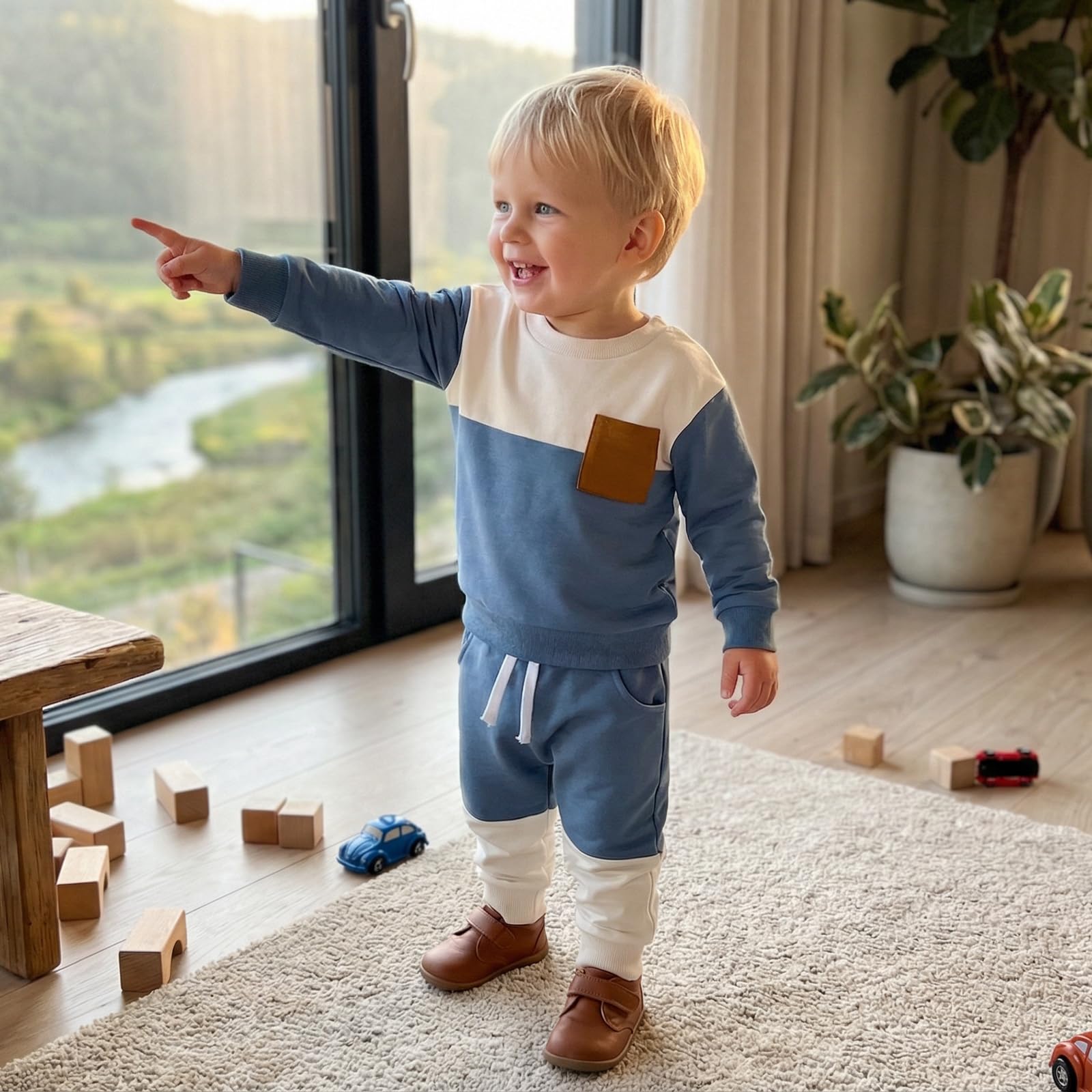 Kupretty Baby Boy Outfit Color Block Sweatshirt Pants Set Blue White 3-4Y
