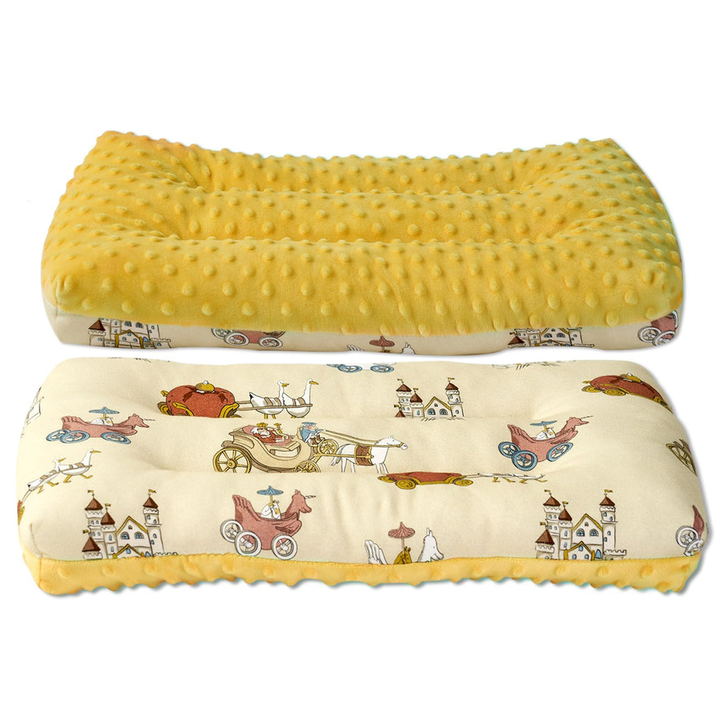 Reidio 1Pcs Toddler Pillow Double Sided Breathable Soft Cotton & Minky Dot Fabric Kids Pillow Cute Small Pillow Machine Washable (Yellow Carriage)