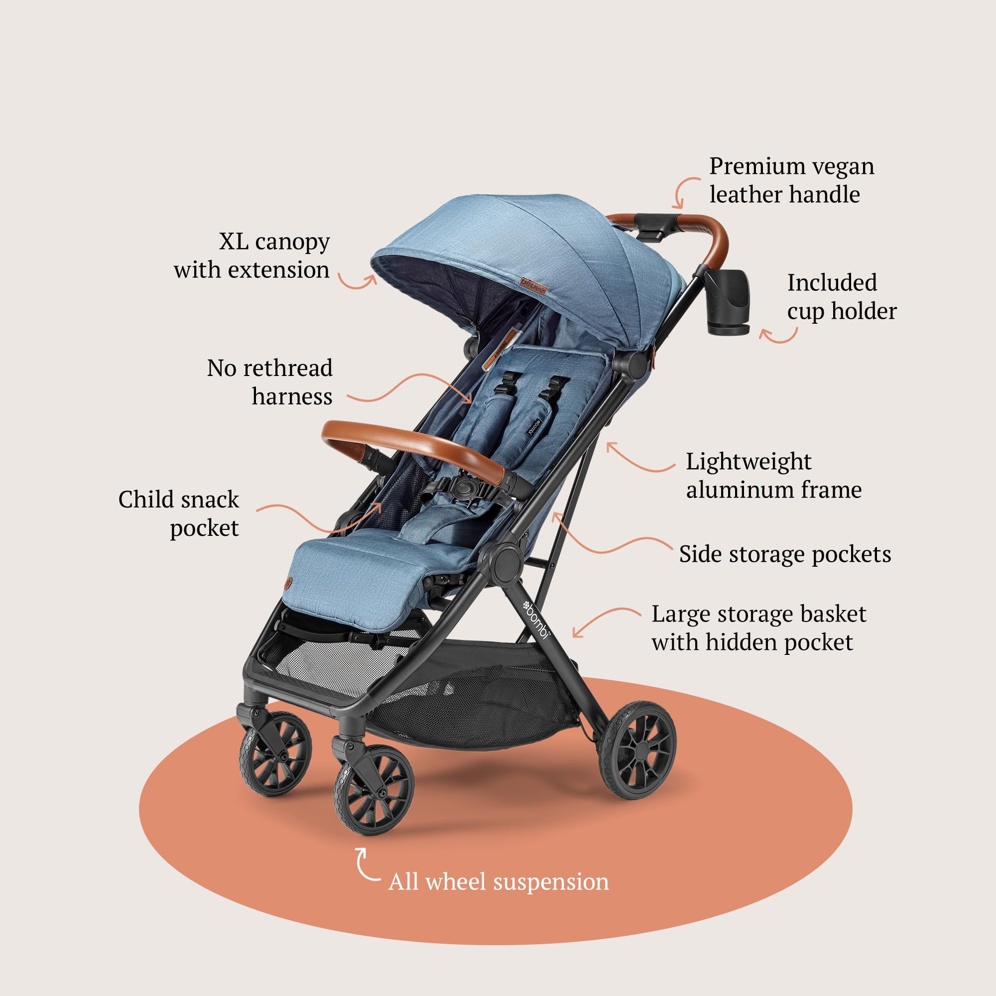 Bombi Bēbee V2 Lightweight Baby Stroller - Premium Vegan Leather, One-Hand Fold, Infinite Recline, Aircraft-Grade Aluminum Frame, XXL Canopy, and Ample Storage Umbrella Stroller - Storm Blue