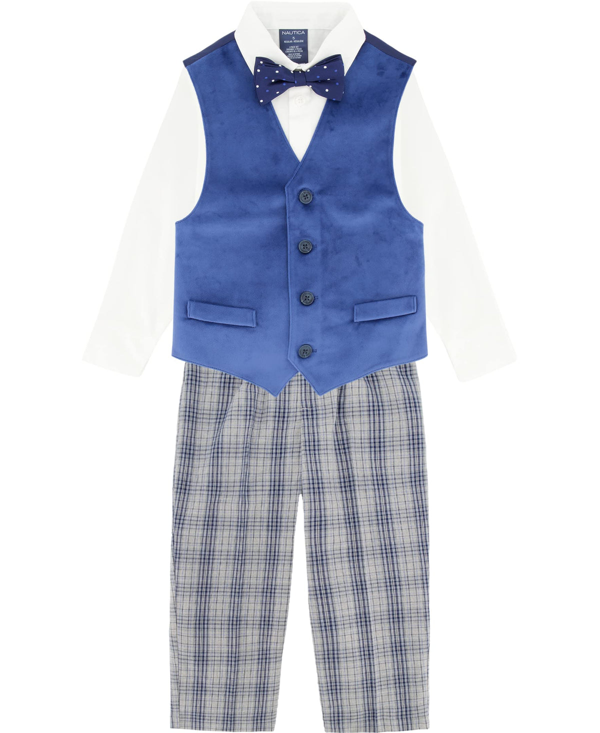Nautica Boys' 4-Piece Vest Set with Dress Shirt, Bow Tie, Vest, and Pants, Khaki/Navy, 6