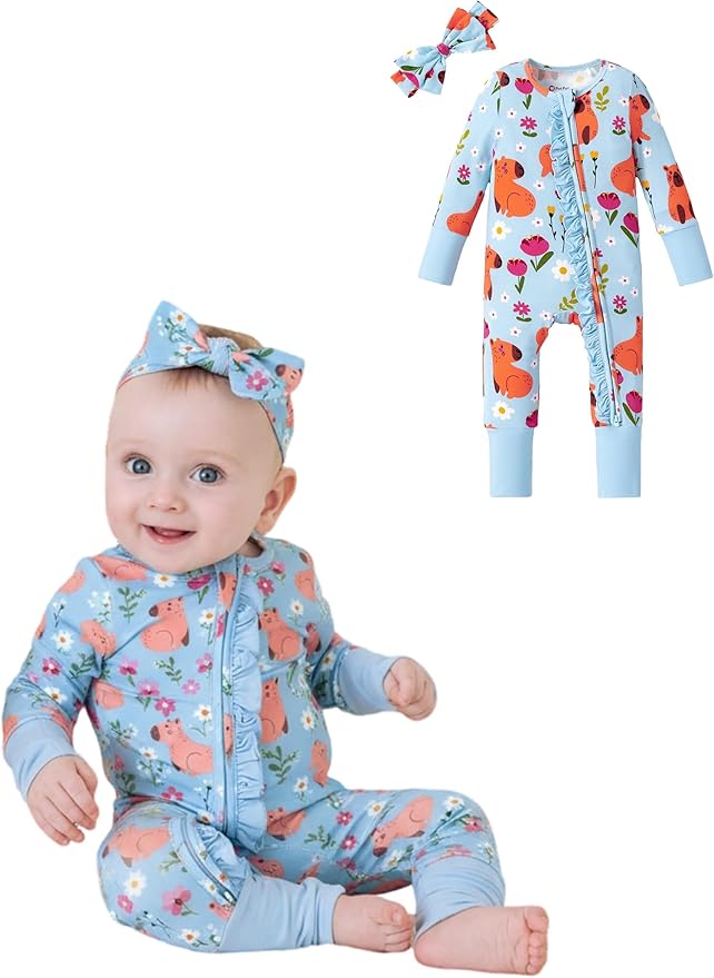 PATPAT Baby Girl Boy Clothes Newborn Infant Footie – Soft Viscose from Bamboo– 2-Way Zipper, Fold-Over Mitten, Ruffle Trim