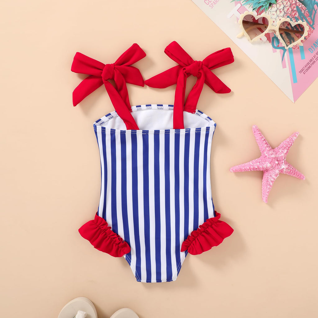 Happy Town Toddler Swimsuit Girl Solid Color Stripe One-Piece Baby Bathing Suits (Blues and Reds, 3-6 Months)