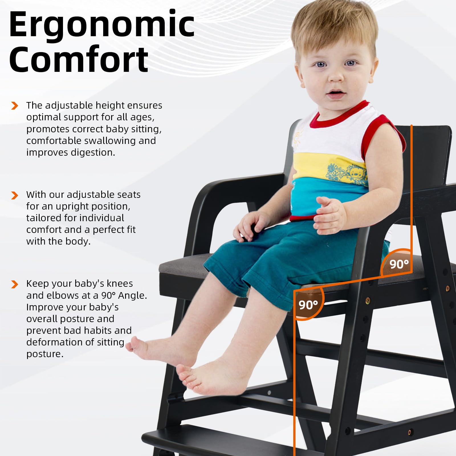 Leesinwing Wooden High Chair for Toddlers, Adjustable Feeding Chair, Black