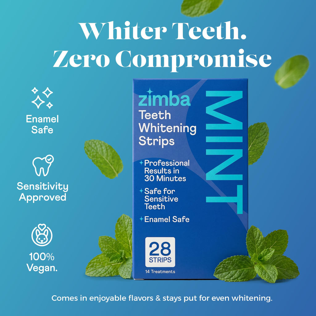 Zimba Teeth Whitening Strips Vegan Whitening Strip Enamel Safe Teeth Whitening Hydrogen Peroxide Teeth Whitener for Coffee, Wine, and Other Stains, 28 Strips (14 Day Treatment), Peach