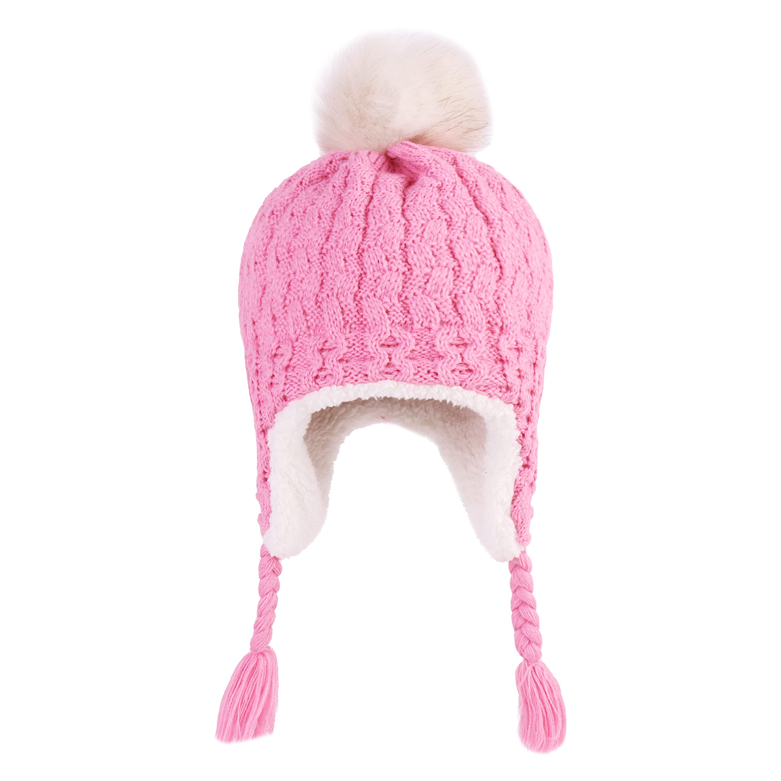 LANGZHEN Toddler Kids Winter Hat,Earflap Knit Warm Cap Fleece Lined Beanie for Baby Girls (Peach, 12-24 Months)