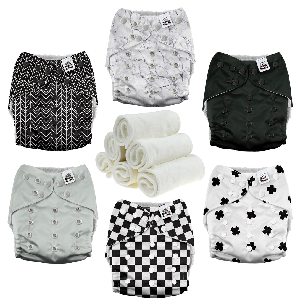 Mama Koala 3.0 Pocket Cloth Diapers for Babies with AWJ Lining, 6 Pack with 6 4-Layer Natural Cloth Diaper Inserts - Reusable and Washable Pocket Diapers (Black and White)