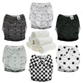 Mama Koala 3.0 Pocket Cloth Diapers for Babies with AWJ Lining, 6 Pack with 6 4-Layer Natural Cloth Diaper Inserts - Reusable and Washable Pocket Diapers (Black and White)