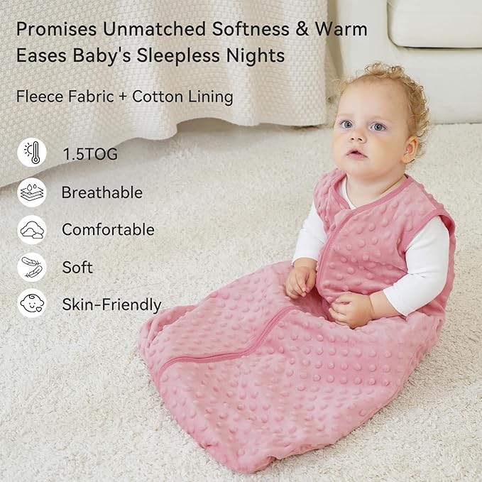 Fleece Baby Sleep Sack 12-18 Months with Plush Dots 1.5 Tog Baby Wearable Blanket with 2-Way Zipper Warm Sleeping Sack for Toddler Infant - Large, Pink