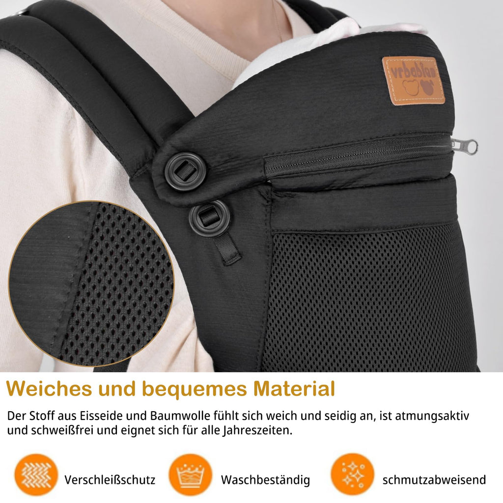 vrbabies Baby Carrier Newborn to Toddler, Ergonomic Safe Soft Breathable Infant Carrier with Adjustable Head Neck Support - Outdoor Kangaroo Front & Back Carry Baby Carriers for Baby 8-40lbs (Black)