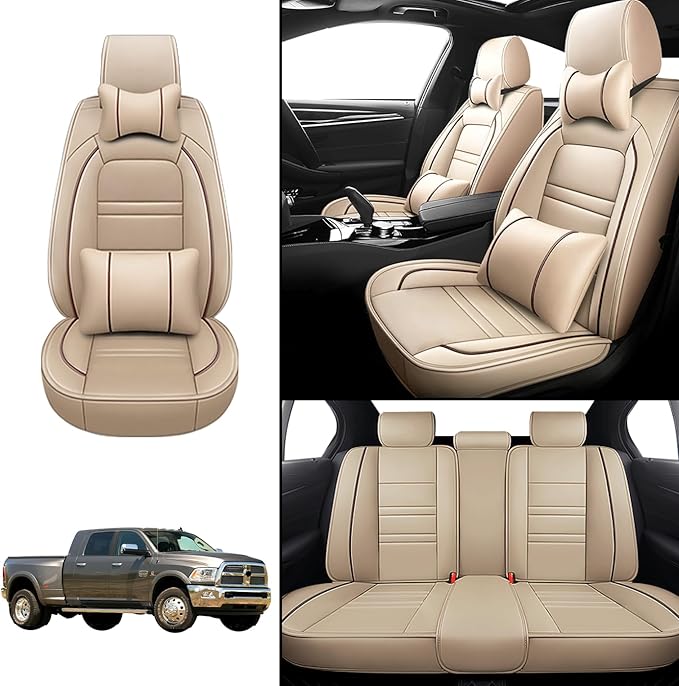 Car Seat Covers for Dodge ram 3500 2004-2011 | 5-Seats Seat Covers, Waterproof Seat Protectors, Automotive Seat Covers (Full Set with Pillow,Beige)