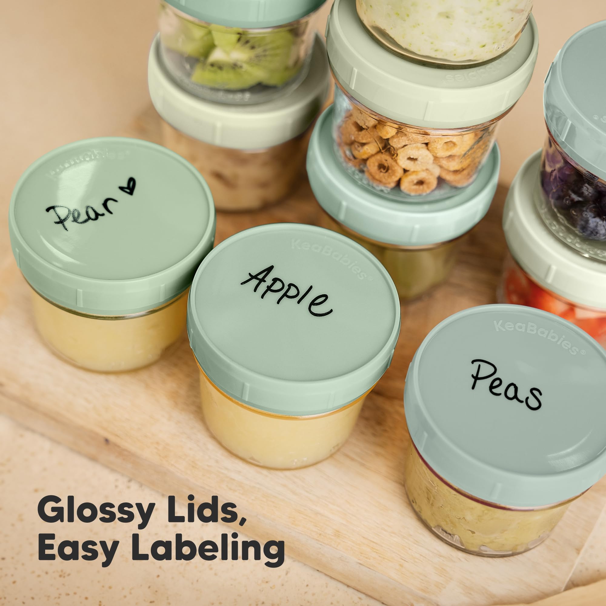 KeaBabies 12pk 4oz Glass Baby Food Containers with Lids, Leak-Proof (Sage)