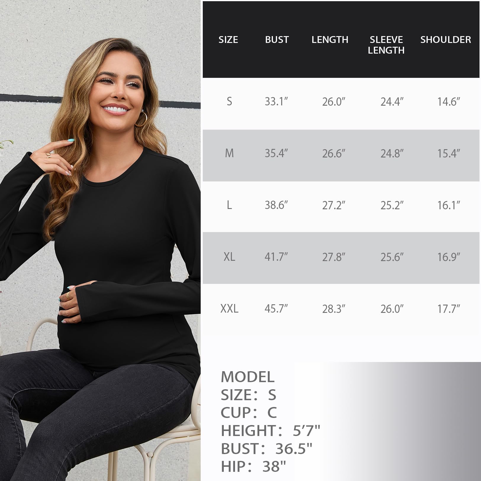 GINKANA Maternity Long Sleeve Shirts Crewneck Pregnancy Yoga Tshirt Workout Tops with Thumbholes Altheltic Tee,Black,XXL