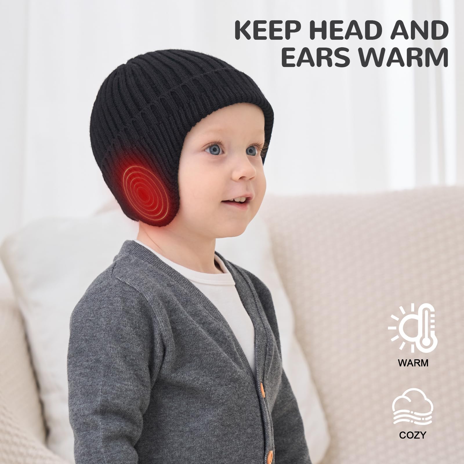 POXIMI Baby Boy Winter Hat Toddler Warm Beanie Girl Knit Hats with Earflap Kid Cute Earmuffs (Navy+Grey, 3-8Years)