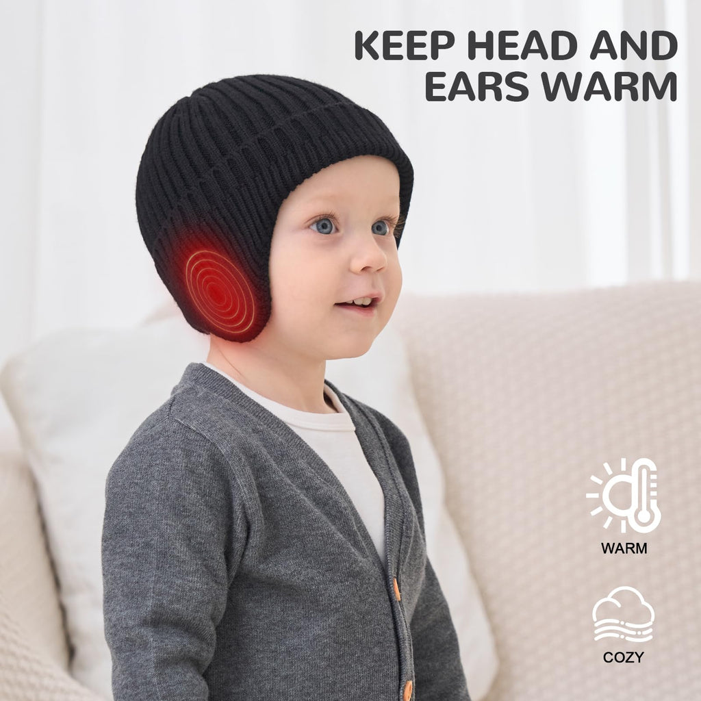 POXIMI Baby Boy Winter Hat Toddler Warm Beanie Girl Knit Hats with Earflap Kid Cute Earmuffs (D-Black, 0-6Months)