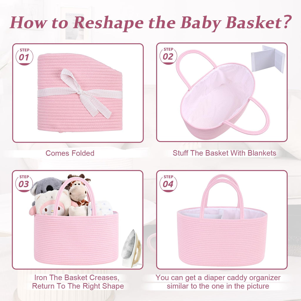 13.5L Baby Diaper Caddy Organizer, 15.3"x9.8"x7" Cotton Rope Diaper Basket, Changing Table Storage Caddy With Removable Divider, Baby Basket for Nursery, Car, Diapers, Baby Shower Gifts for Newborn