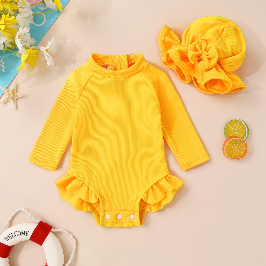 YOUNGER TREE Infant Baby Girls Swimsuit Long Sleeve One Piece Swimsuit Solid Color Bathing Suit with Hat, UPF 50+ (Yellow, 0-3 Months)