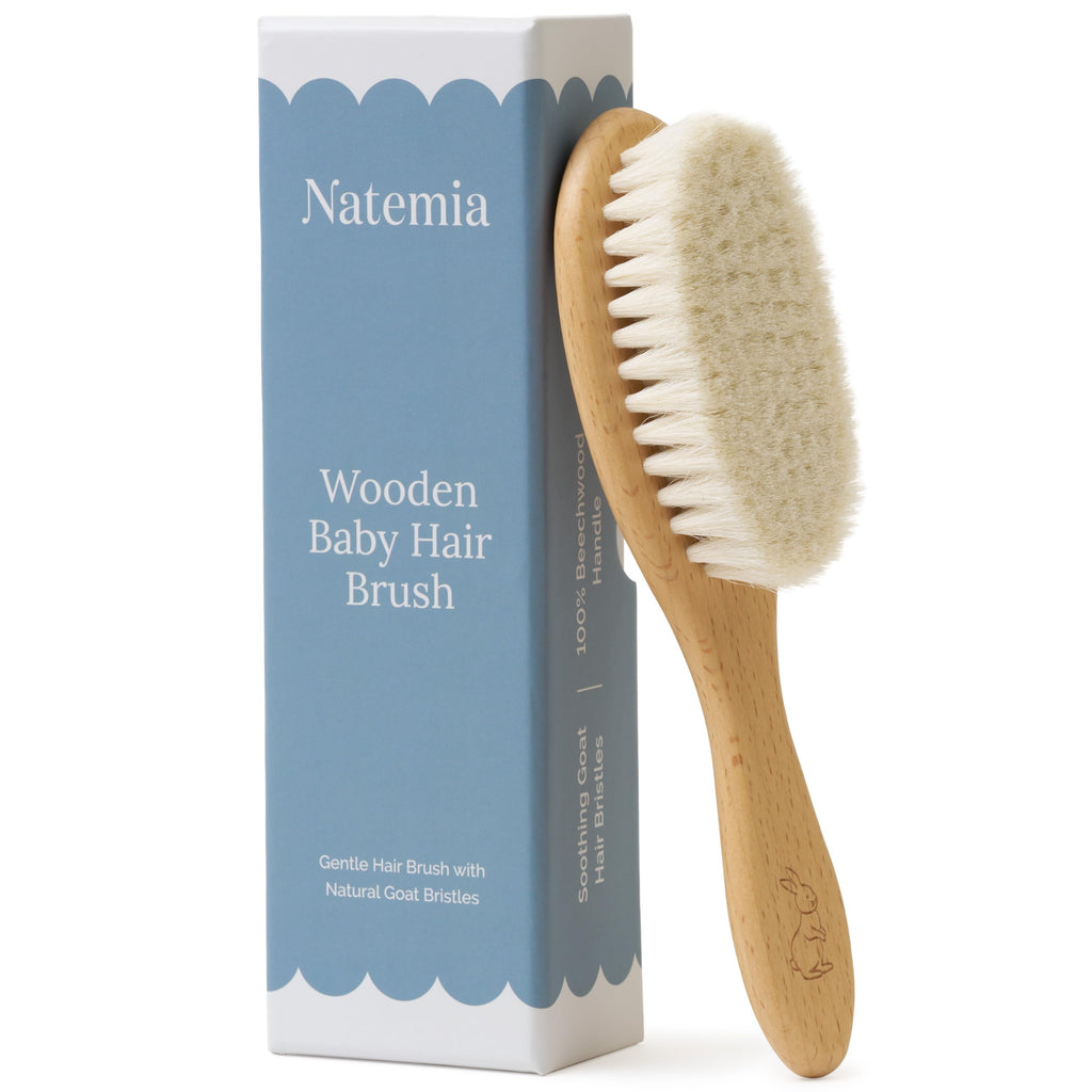 Natemia Wooden Baby Hair Brush - Natural Goat Hair Bristles - Gentle Soft Bristles for Scalp Massage - Cradle Cap Comb for Flake Removal - For Baby Grooming Kit & Toddler Hair Brush
