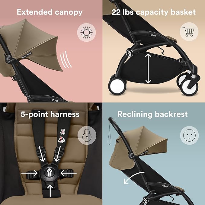 Stokke YOYO3 Stroller from 6 Months - Includes Black Frame/Toffee Seat Cushion + Canopy - Folds in & Out in a Flash - Light & Compact - Carry-On Compatible