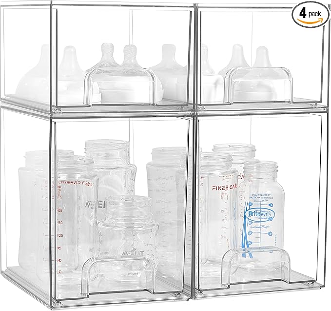 Baby Bottle Organizer, 4 Pack Clear Space-Saving Stackable Drawer with Handle, Baby Bottle Storage Organizer for Countertop and Cabinet