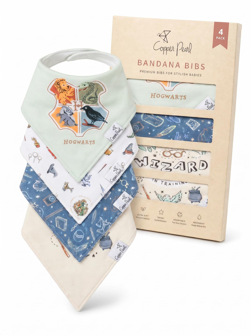 Copper Pearl Baby Bibs for Baby Boy or Girl – Bandana Drool Bibs for Teething, Absorbent Bibs for Eating, Newborn to Toddler, 4 Pack, Wizarding World