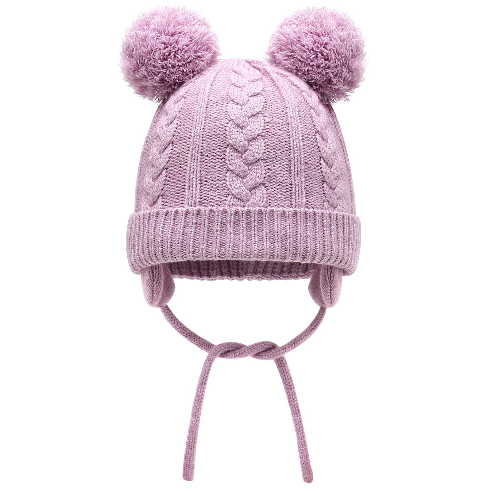 Duoyeree Toddler Winter Hat, Earflap Double Pom Pom Knit Beanie 0-36M