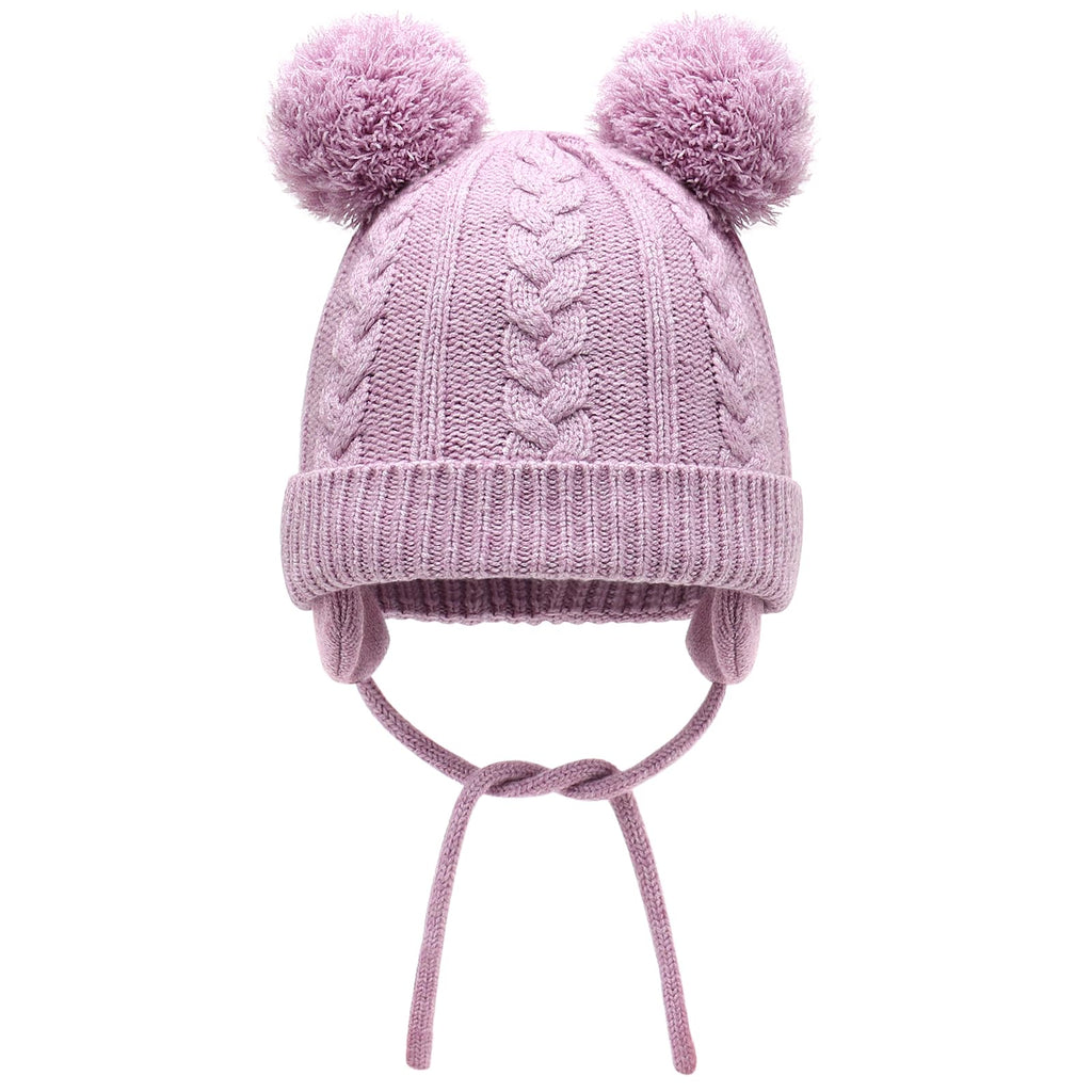 Duoyeree Toddler Winter Hat, Earflap Double Pom Pom Knit Beanie 0-36M