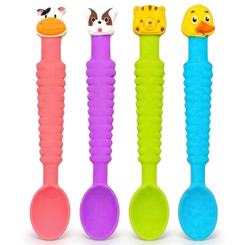 3-in-1 Baby Spoons Self Feeding 6 Months, Silicone Spoon, Cow & Tiger