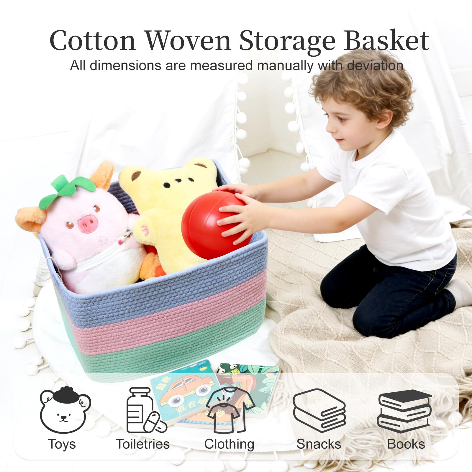 Hopegiver 1 Pack Rainbow Woven Storage Baskets for Shelves, 15x11x10 Inch Cotton Rope Decorative Organizer Bins for Blanket Clothes Book Baby Pet, Colorful Toy Basket for Playroom, Kids Room, Nursery