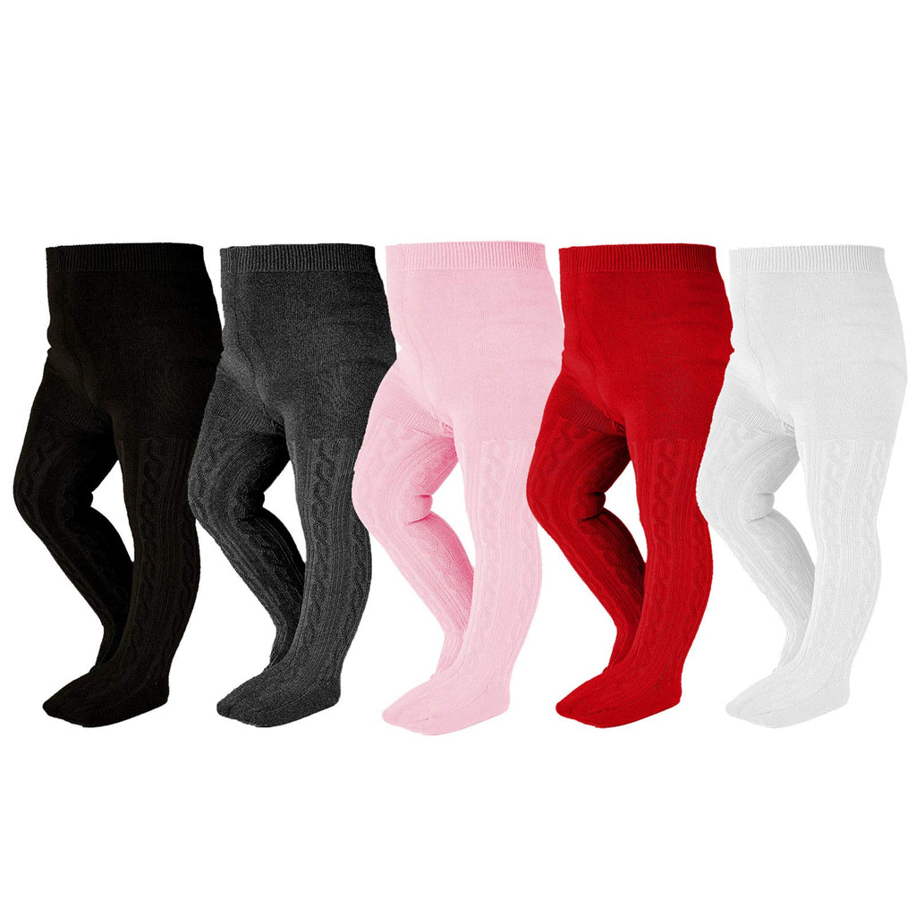 EPEIUS Baby Tights Newborn Girl Seamless Cable Knit Leggings Thick Cotton Stockings Footed Pants Pantyhose 0-3 Months 5 Pair Pack,Black/White/Dark Grey/Pink/Burgundy