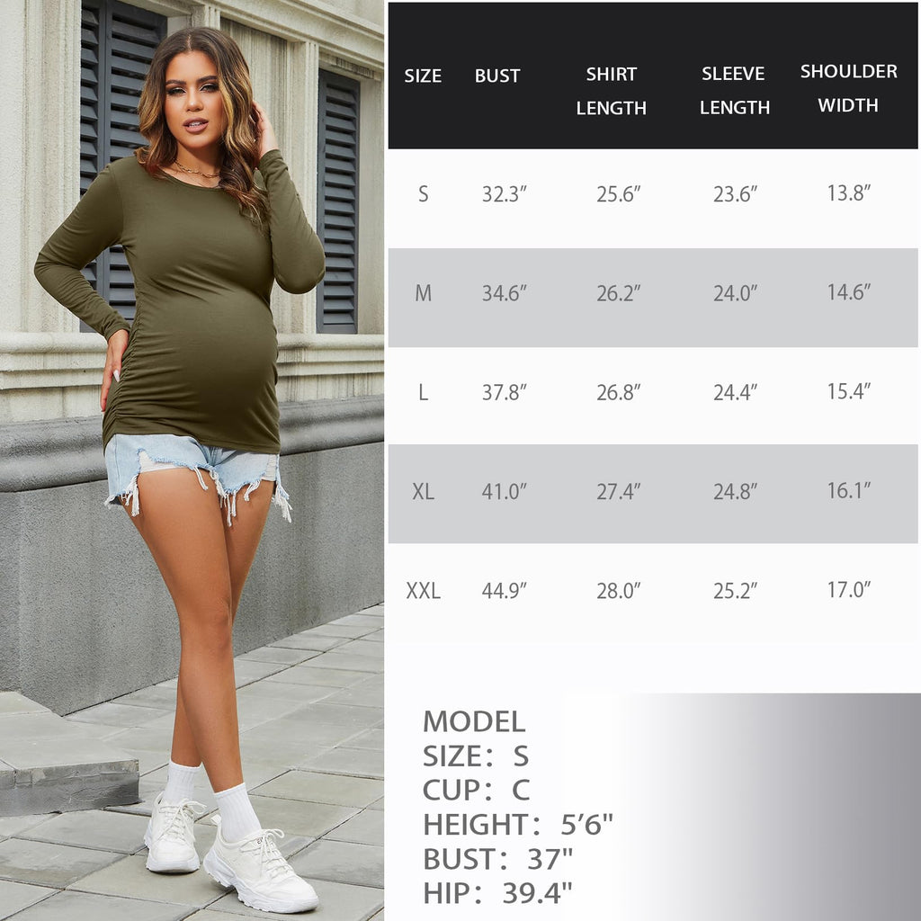 Women's Maternity Shirts 3 Packs Long Sleeve Pregnancy Tops Basic Side Ruched Tunic Blouse,Black/Olive Green/Gray S